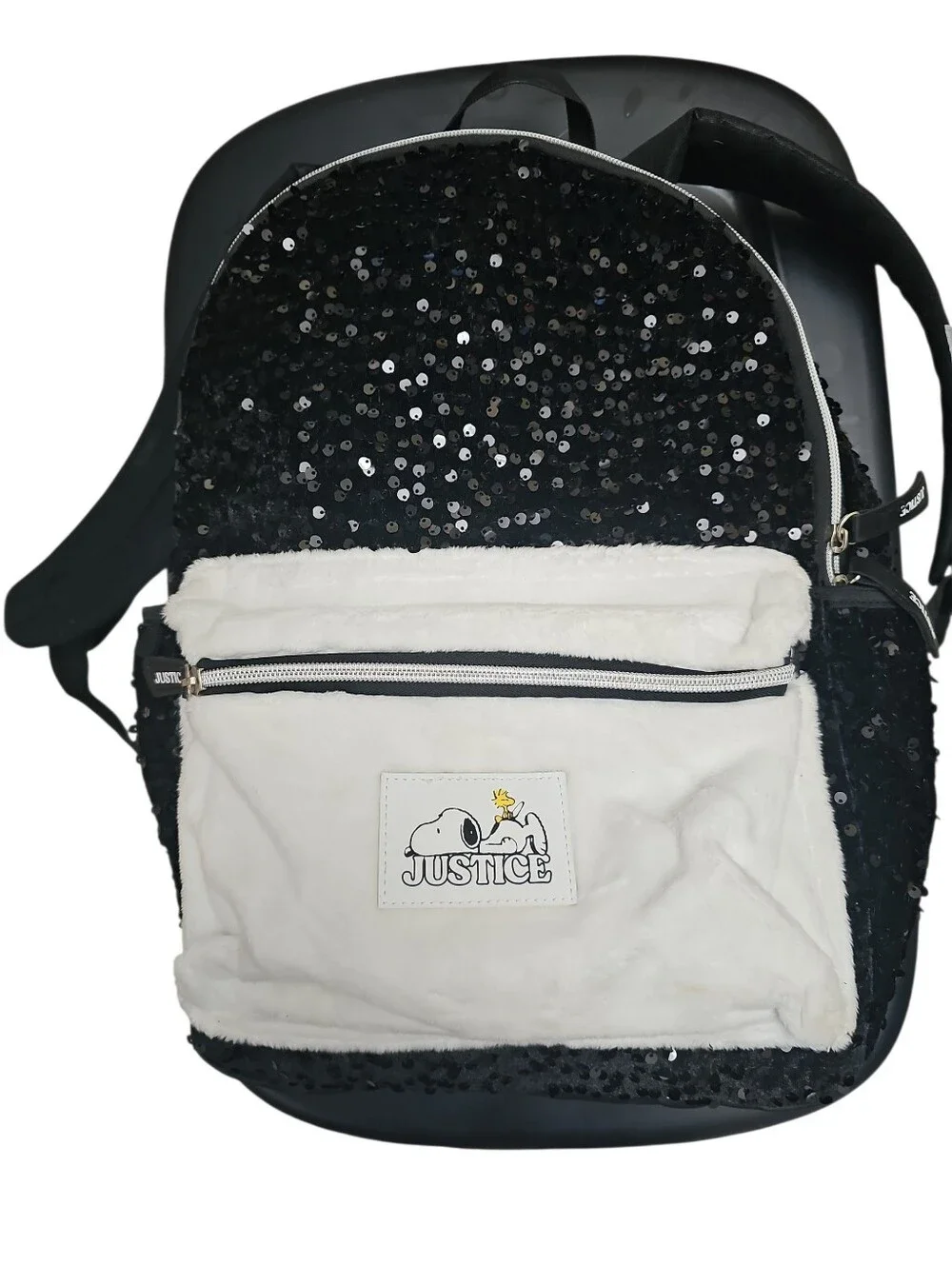 Justice Peanuts Snoopy Black Sequir Backpack Hooded Fuzzy Pocket EUC
